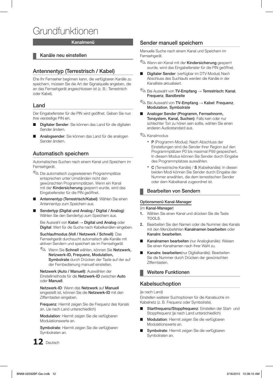 Grundfunktionen, Antennentyp (terrestrisch / kabel), Land | Automatisch speichern, Sender manuell speichern, Kabelsuchoption | Samsung LE32C450E1W User Manual | Page 90 / 157