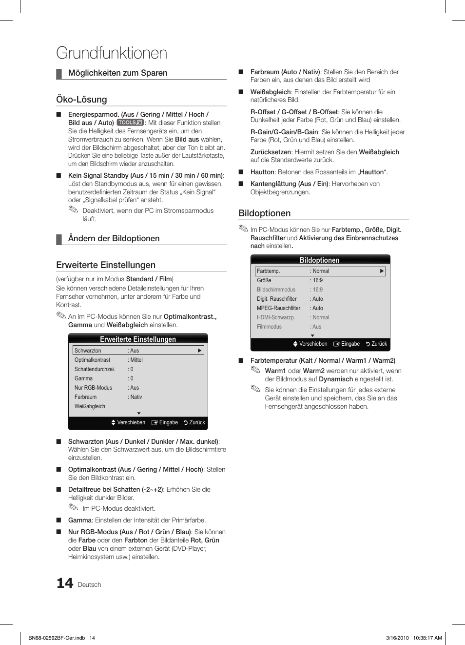 Grundfunktionen, Öko-lösung, Erweiterte einstellungen | Bildoptionen | Samsung LE32C450E1W User Manual | Page 92 / 157