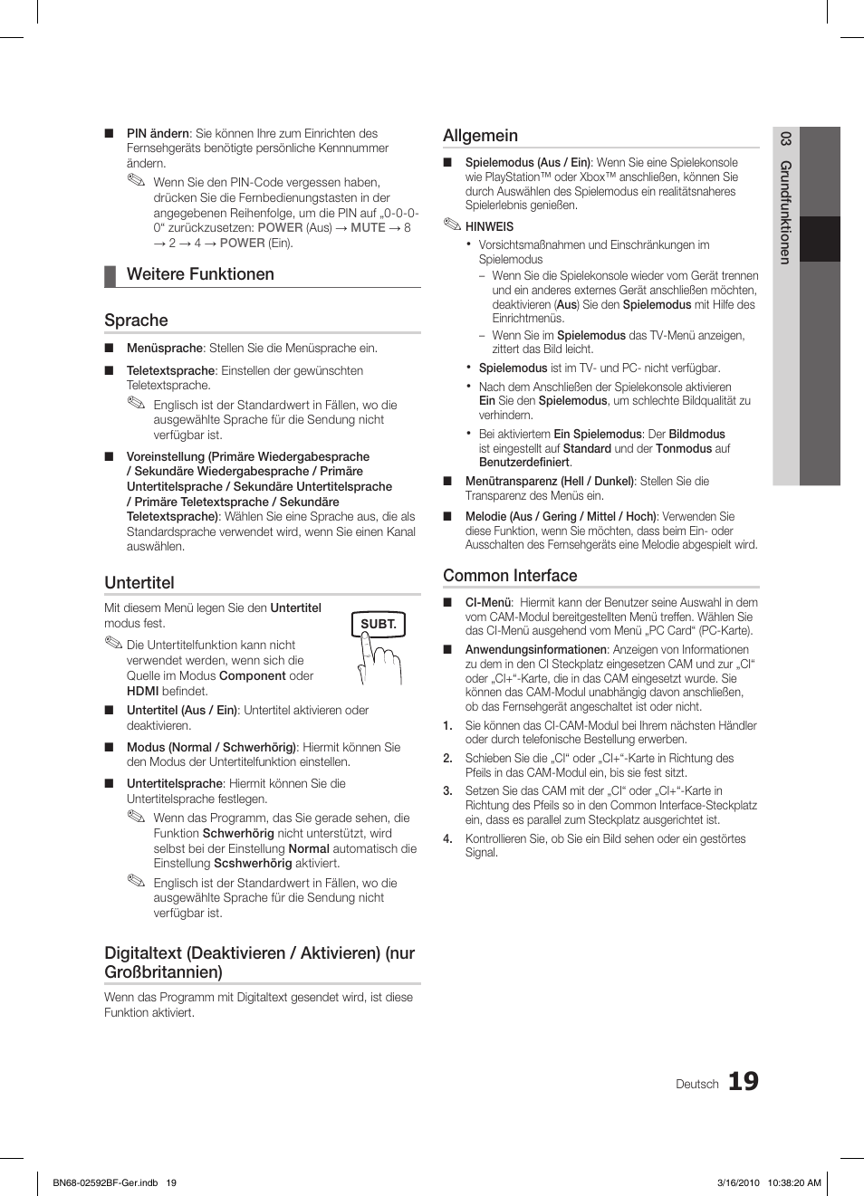 Weitere funktionen ¦ sprache, Untertitel, Allgemein | Common interface | Samsung LE32C450E1W User Manual | Page 97 / 157