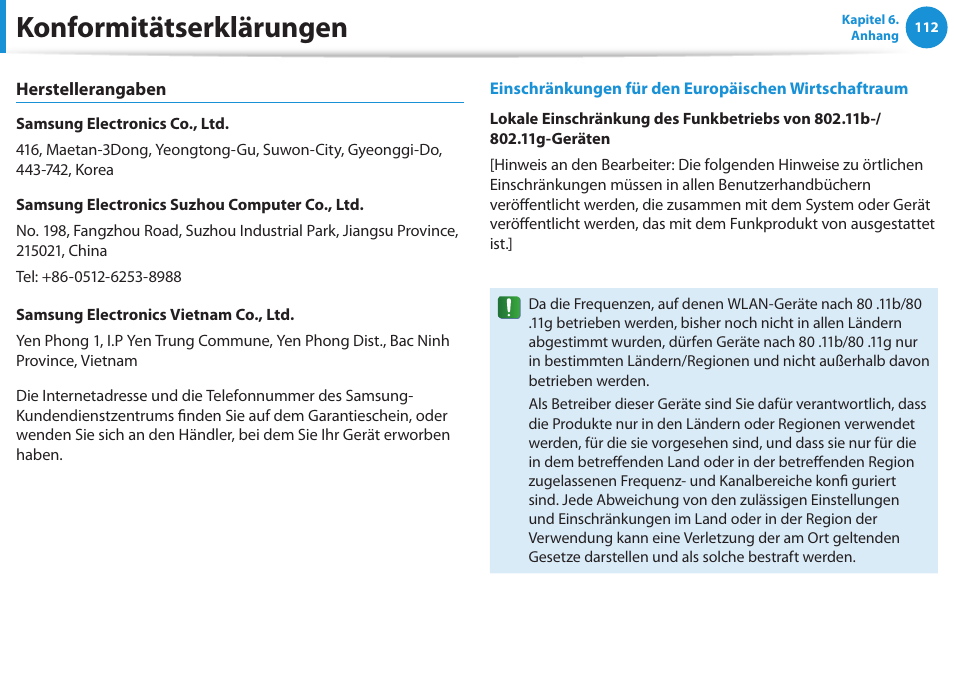 Konformitätserklärungen | Samsung NP450R5GE User Manual | Page 113 / 122