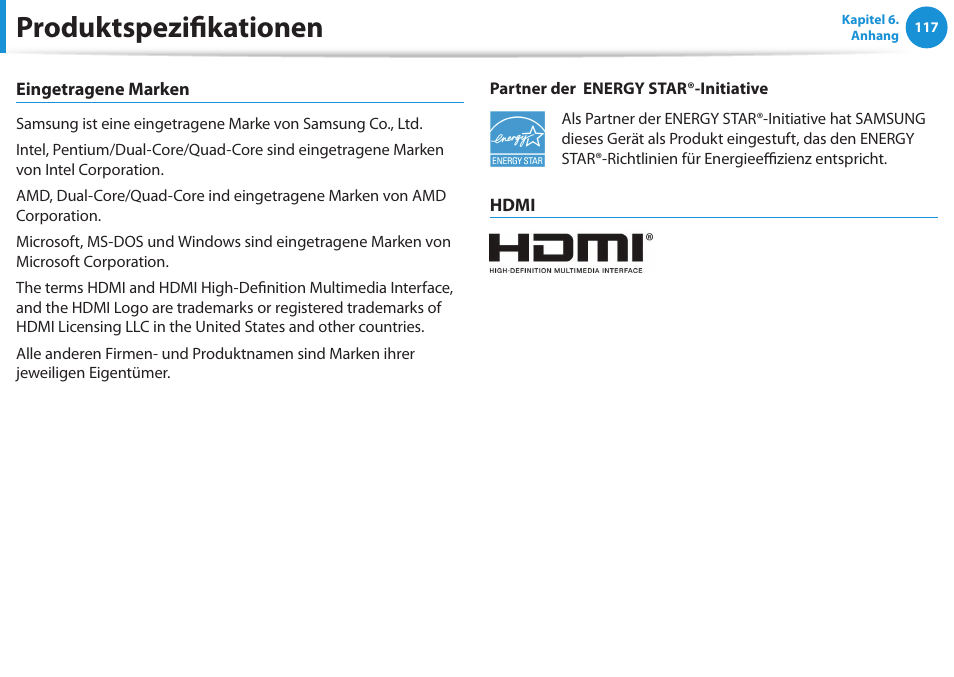 Produktspezifikationen | Samsung NP450R5GE User Manual | Page 118 / 122