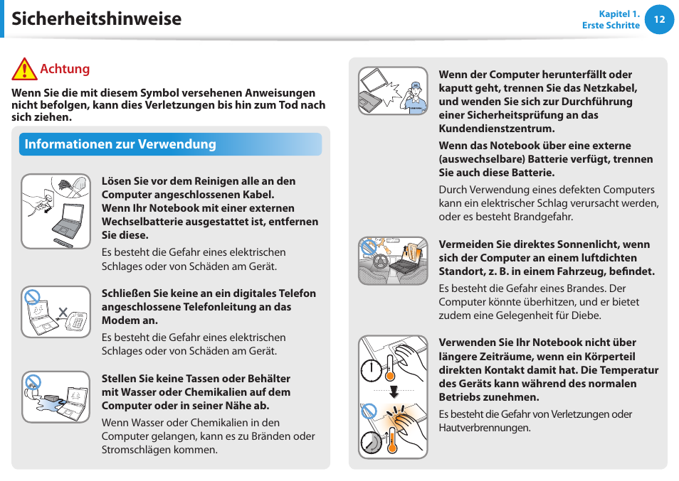 Sicherheitshinweise, Informationen zur verwendung, Achtung | Samsung NP450R5GE User Manual | Page 13 / 122