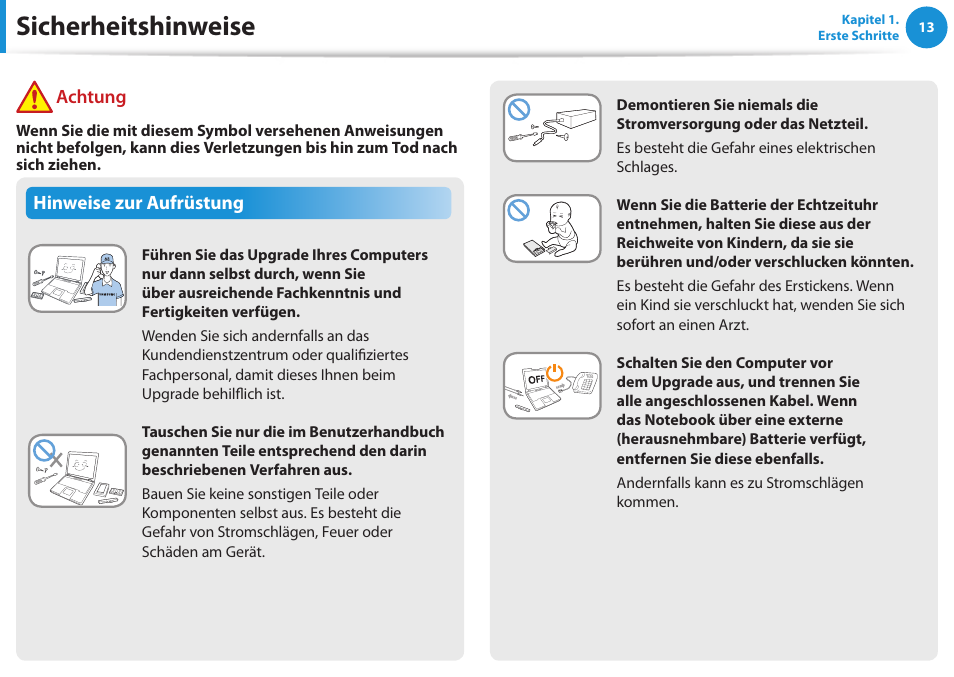 Sicherheitshinweise, Hinweise zur aufrüstung, Achtung | Samsung NP450R5GE User Manual | Page 14 / 122