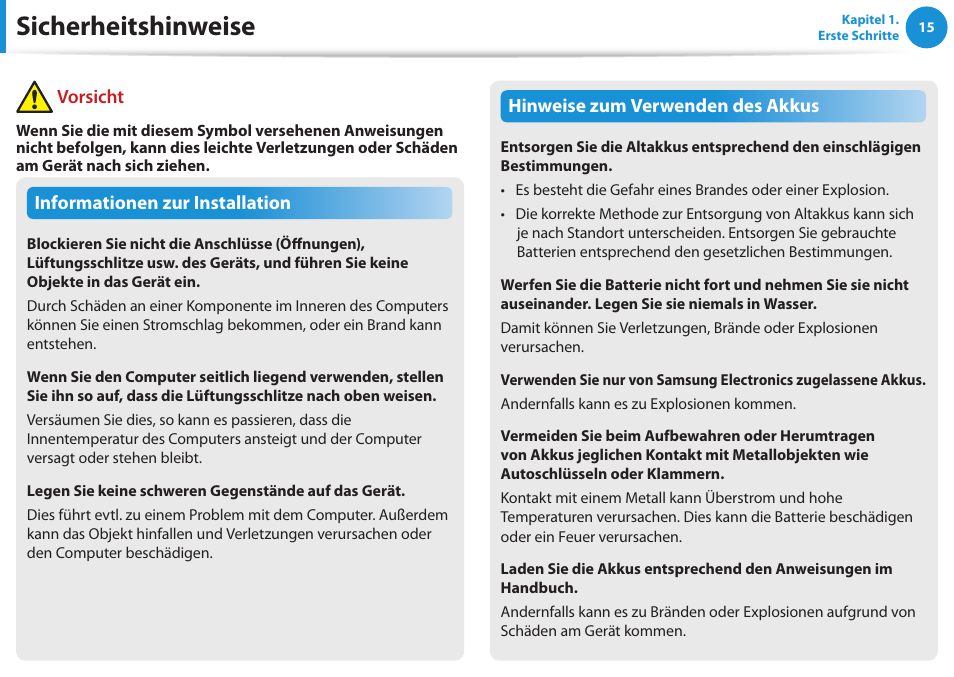 Sicherheitshinweise, Informationen zur installation, Hinweise zum verwenden des akkus | Vorsicht | Samsung NP450R5GE User Manual | Page 16 / 122