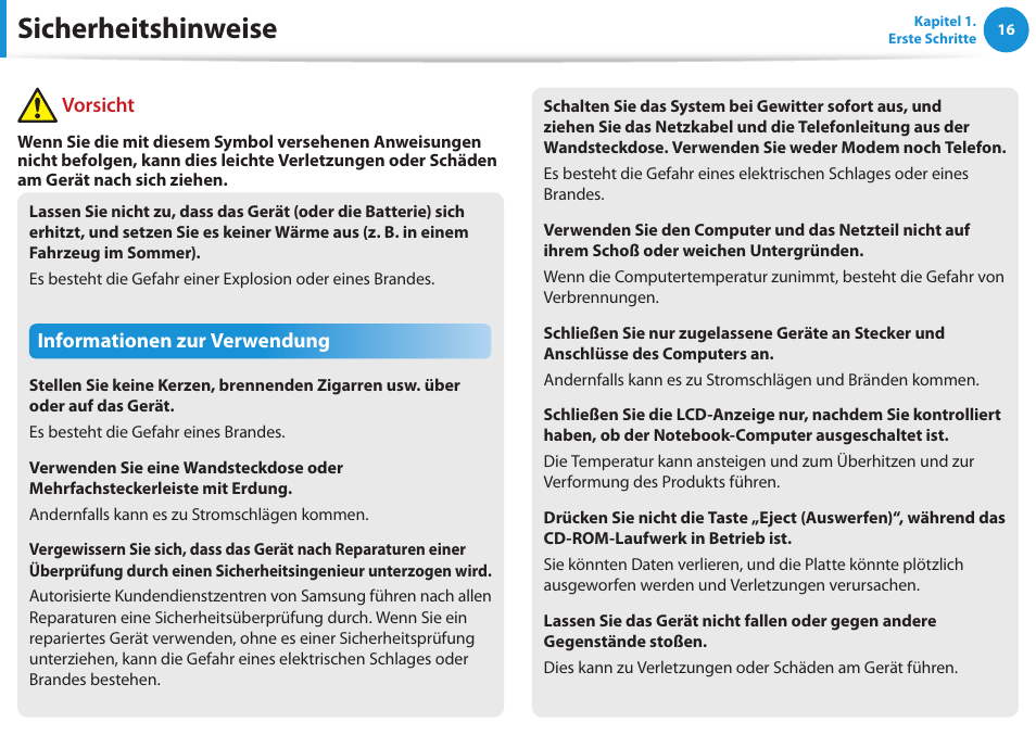 Sicherheitshinweise, Informationen zur verwendung, Vorsicht | Samsung NP450R5GE User Manual | Page 17 / 122