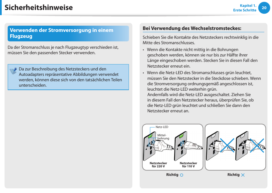 Sicherheitshinweise, Verwenden der stromversorgung in einem flugzeug | Samsung NP450R5GE User Manual | Page 21 / 122