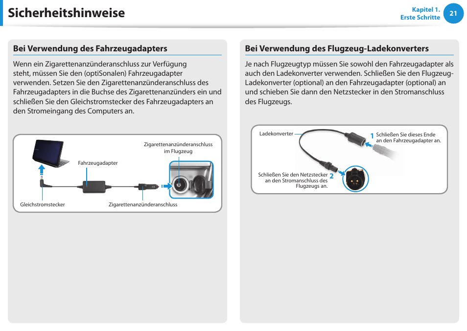 Sicherheitshinweise, Bei verwendung des fahrzeugadapters, Bei verwendung des flugzeug-ladekonverters | Samsung NP450R5GE User Manual | Page 22 / 122