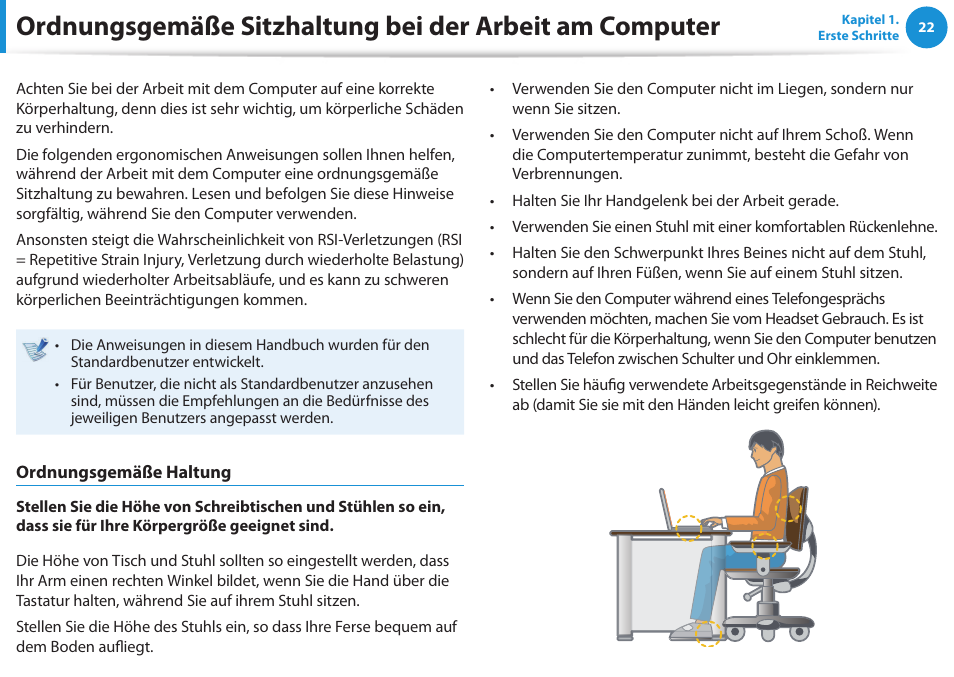 Ordnungsgemäße sitzhaltung bei der arbeit am, Computer, Ordnungsgemäße sitzhaltung bei | Der arbeit am computer | Samsung NP450R5GE User Manual | Page 23 / 122