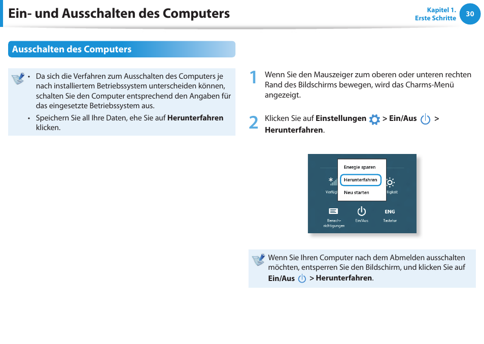 Ein- und ausschalten des computers, Ausschalten des computers | Samsung NP450R5GE User Manual | Page 31 / 122