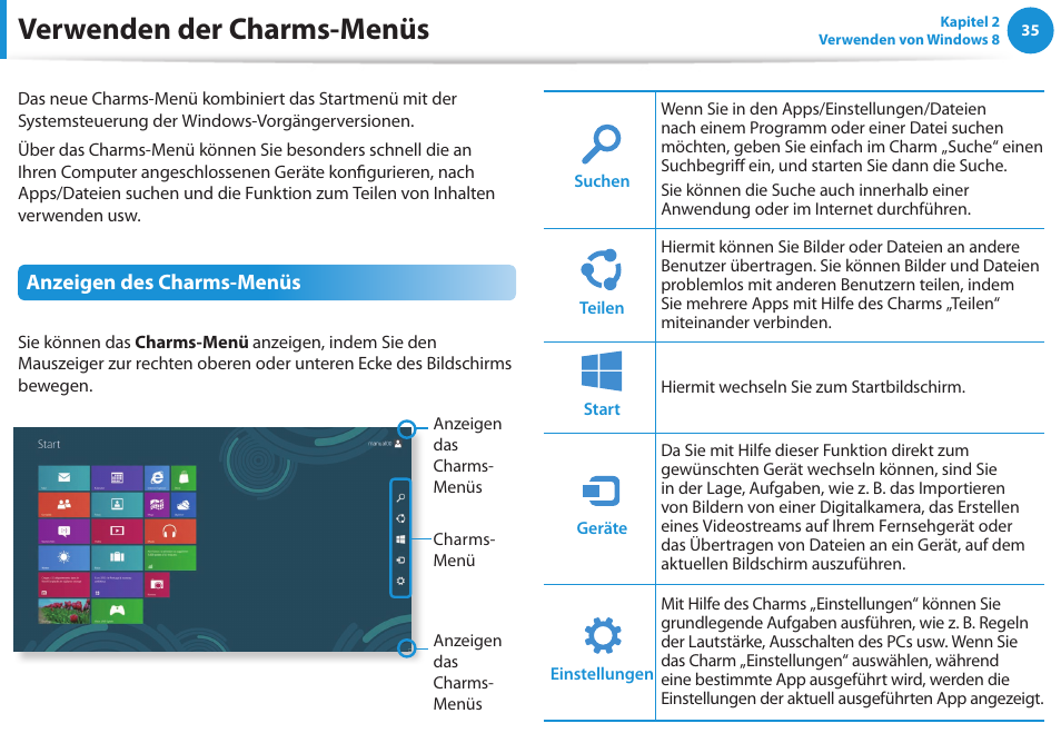 Verwenden der charms-menüs, Anzeigen des charms-menüs | Samsung NP450R5GE User Manual | Page 36 / 122