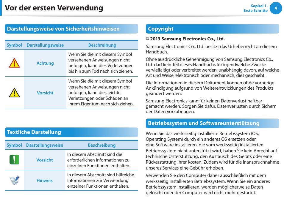 Vor der ersten verwendung | Samsung NP450R5GE User Manual | Page 5 / 122
