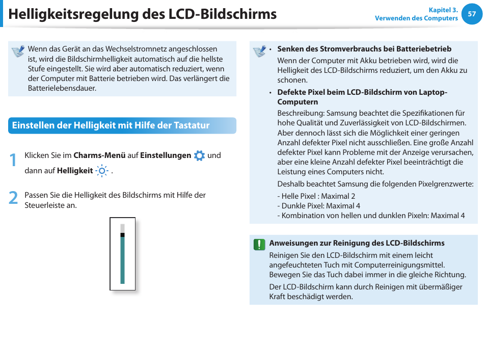 Helligkeitsregelung des lcd-bildschirms, Einstellen der helligkeit mit hilfe der tastatur | Samsung NP450R5GE User Manual | Page 58 / 122