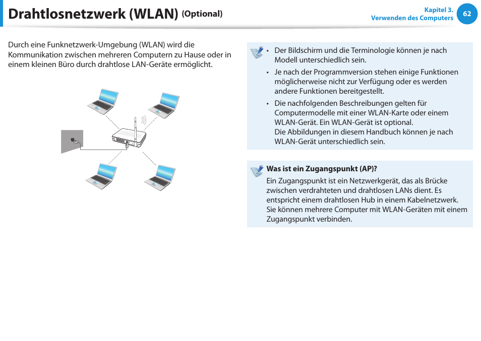 Drahtlosnetzwerk (wlan) (optional), Drahtlosnetzwerk (wlan) | Samsung NP450R5GE User Manual | Page 63 / 122