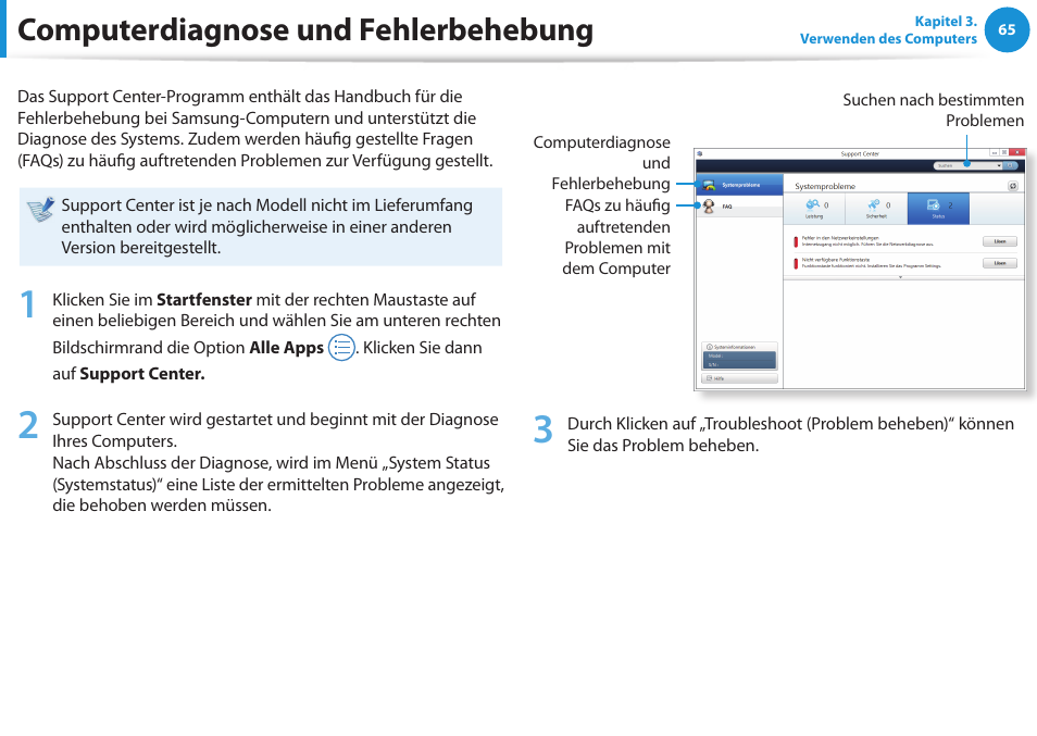 Computerdiagnose und fehlerbehebung | Samsung NP450R5GE User Manual | Page 66 / 122