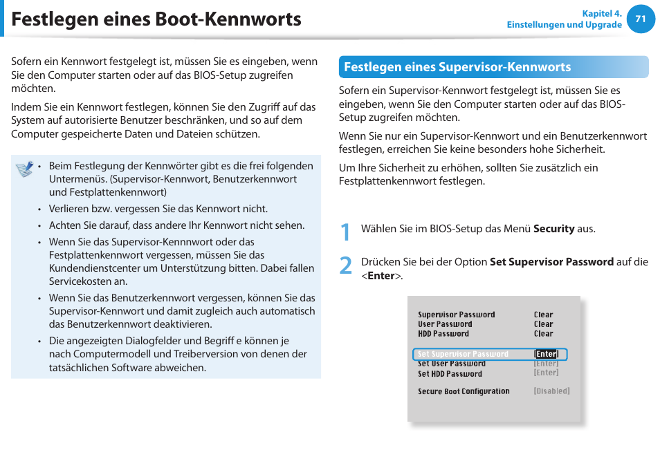 Festlegen eines boot-kennworts | Samsung NP450R5GE User Manual | Page 72 / 122