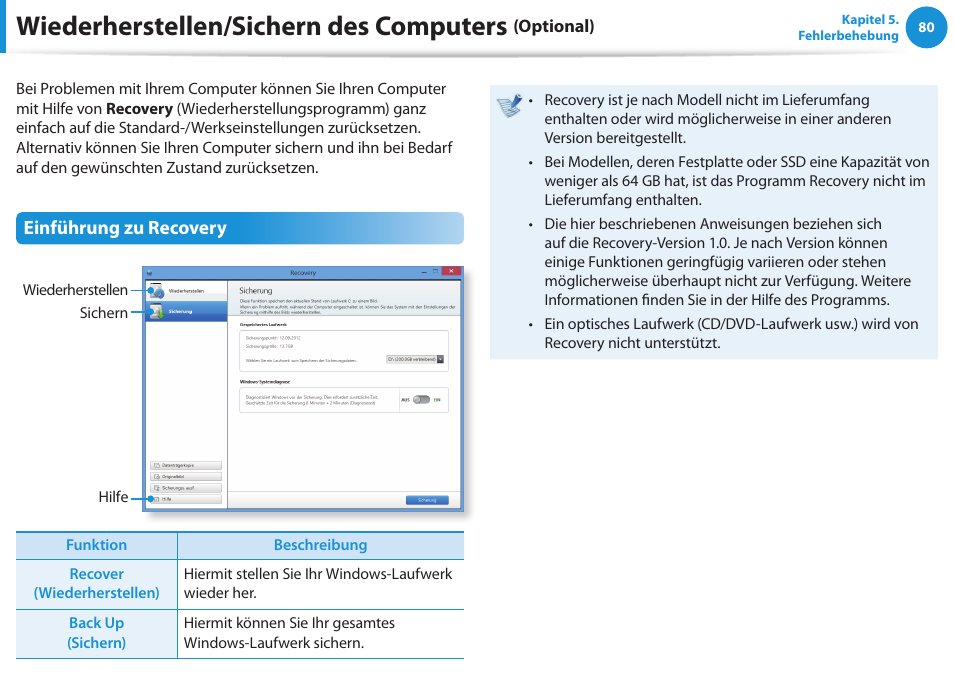 Wiederherstellen/sichern des computers (optional), Wiederherstellen/sichern des computers, Optional) | Einführung zu recovery | Samsung NP450R5GE User Manual | Page 81 / 122