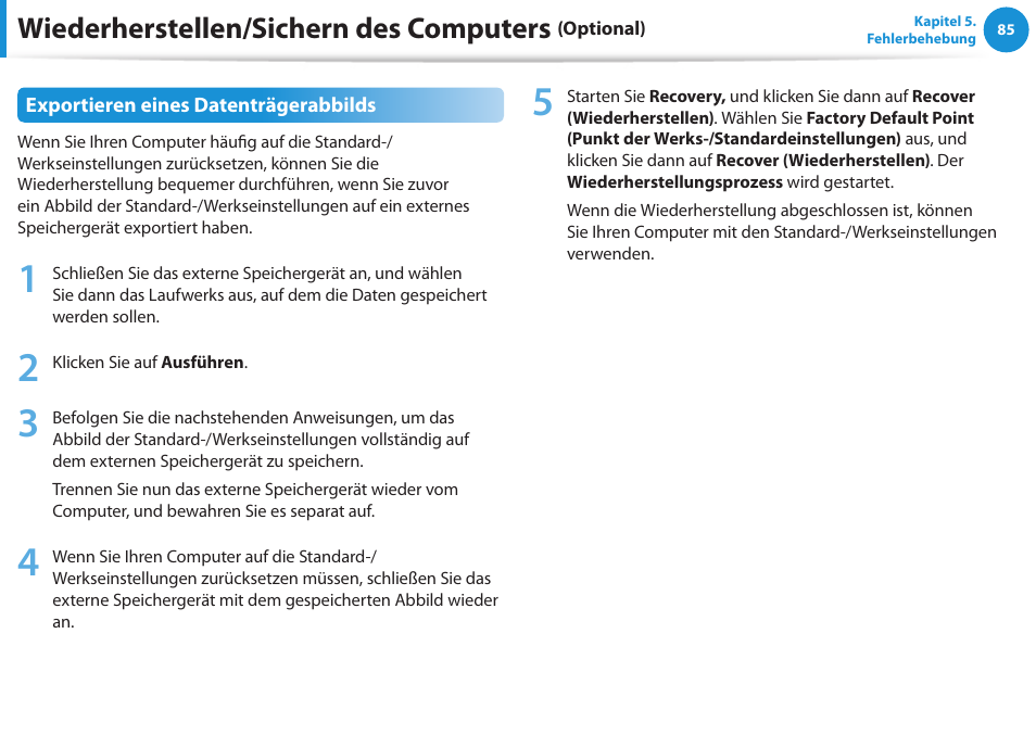 Wiederherstellen/sichern des computers | Samsung NP450R5GE User Manual | Page 86 / 122