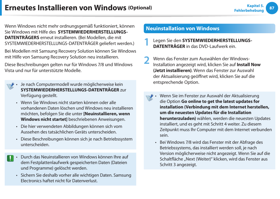 Erneutes installieren von windows (optional), Erneutes installieren von windows | Samsung NP450R5GE User Manual | Page 88 / 122