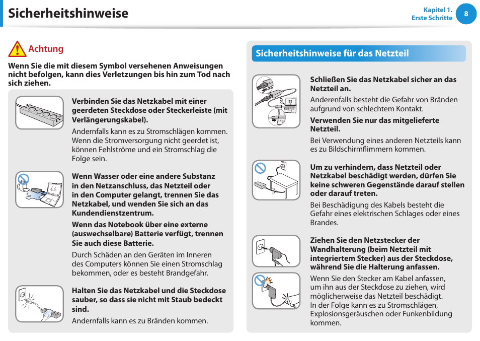 Sicherheitshinweise, Sicherheitshinweise für das netzteil, Achtung | Samsung NP450R5GE User Manual | Page 9 / 122