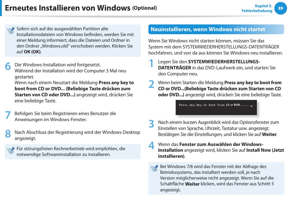 Erneutes installieren von windows | Samsung NP450R5GE User Manual | Page 90 / 122