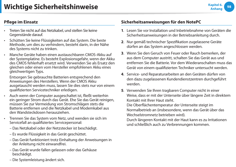 Wichtige sicherheitshinweise | Samsung NP450R5GE User Manual | Page 99 / 122