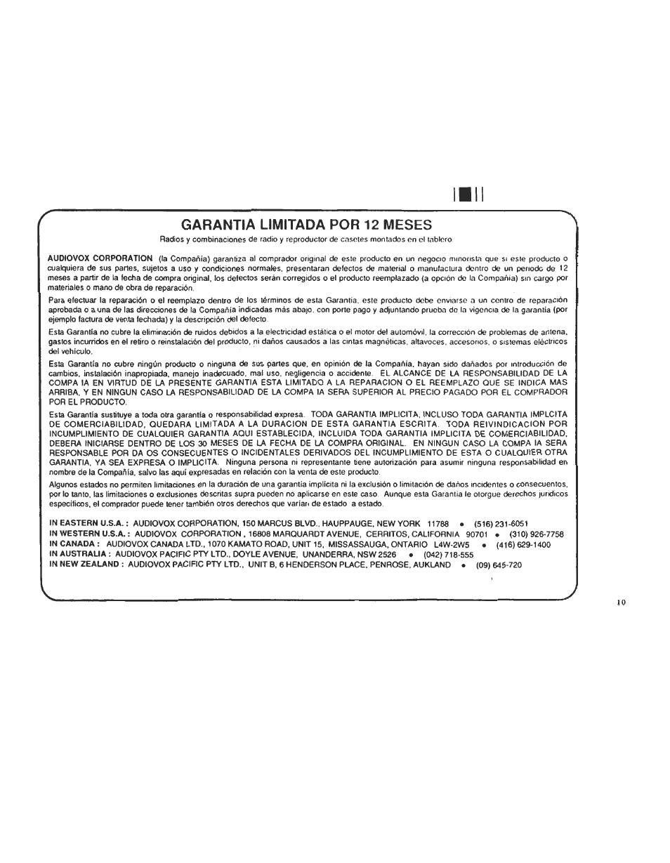 Garantia limitada por 12 meses | Audiovox Cassette Player User Manual | Page 10 / 11