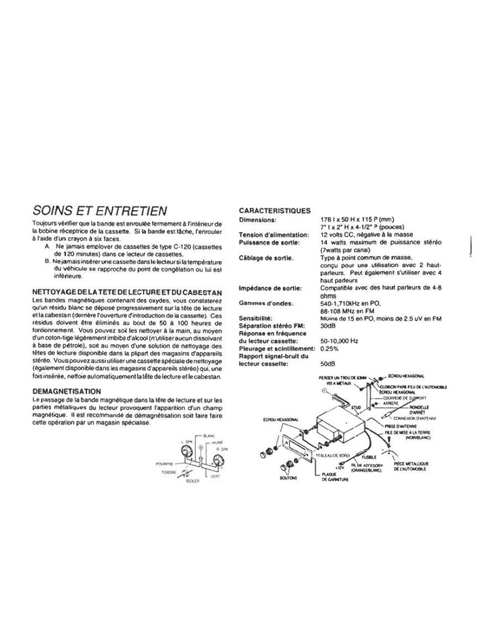 Nettoyage dela tete de lectufle et du cabestan, Demagnetisation, Soins et entretien | Audiovox Cassette Player User Manual | Page 3 / 11