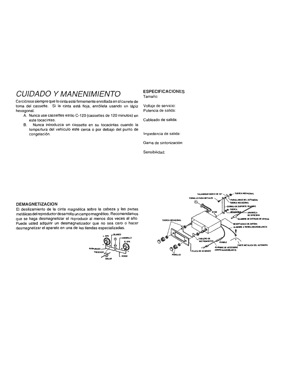 Cuidado y manenimiento, Atsuul | Audiovox Cassette Player User Manual | Page 4 / 11