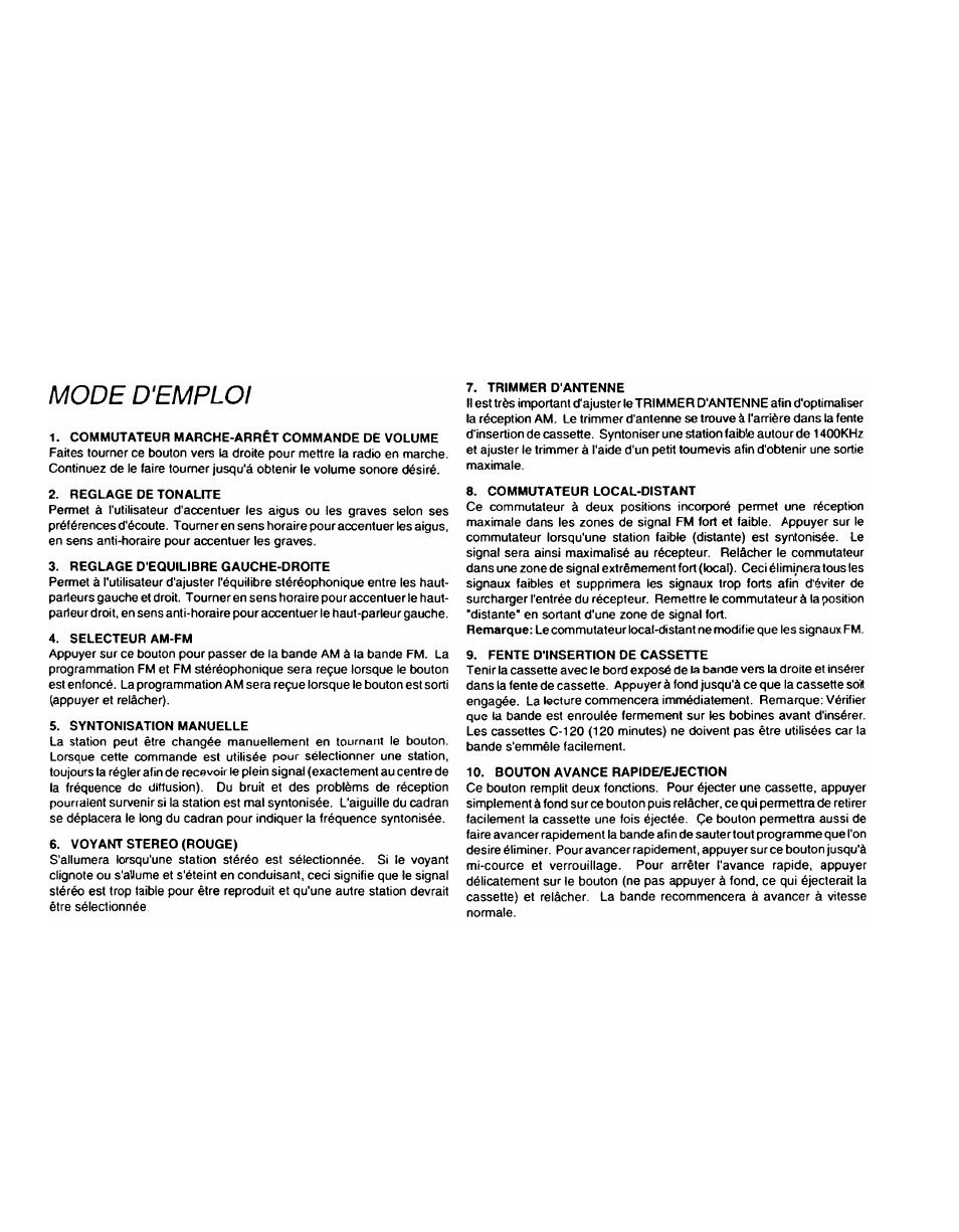 Mode d'emploi | Audiovox Cassette Player User Manual | Page 6 / 11