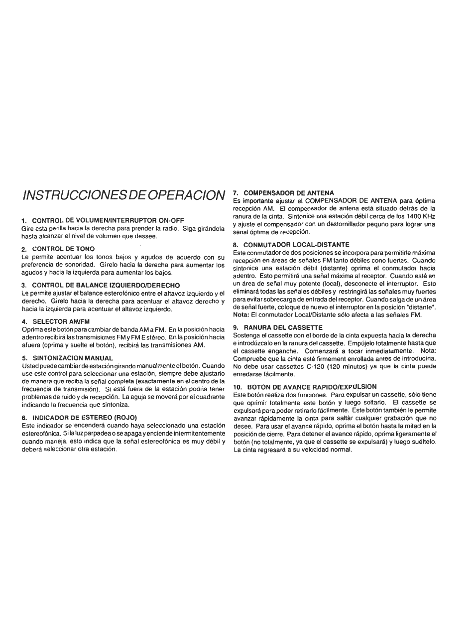 Instrucciones de operacion | Audiovox Cassette Player User Manual | Page 7 / 11