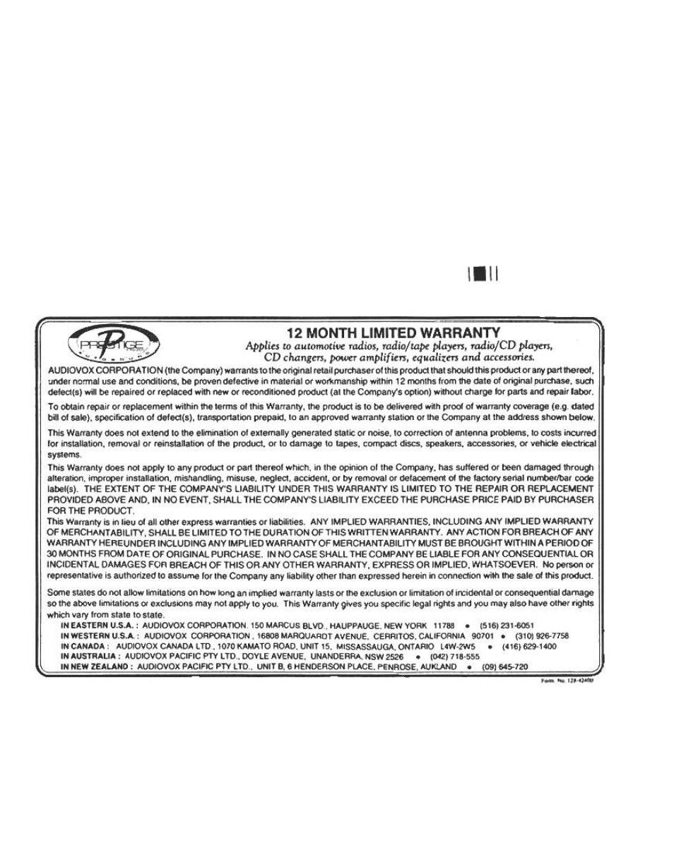 12 month limited warranty | Audiovox Cassette Player User Manual | Page 8 / 11