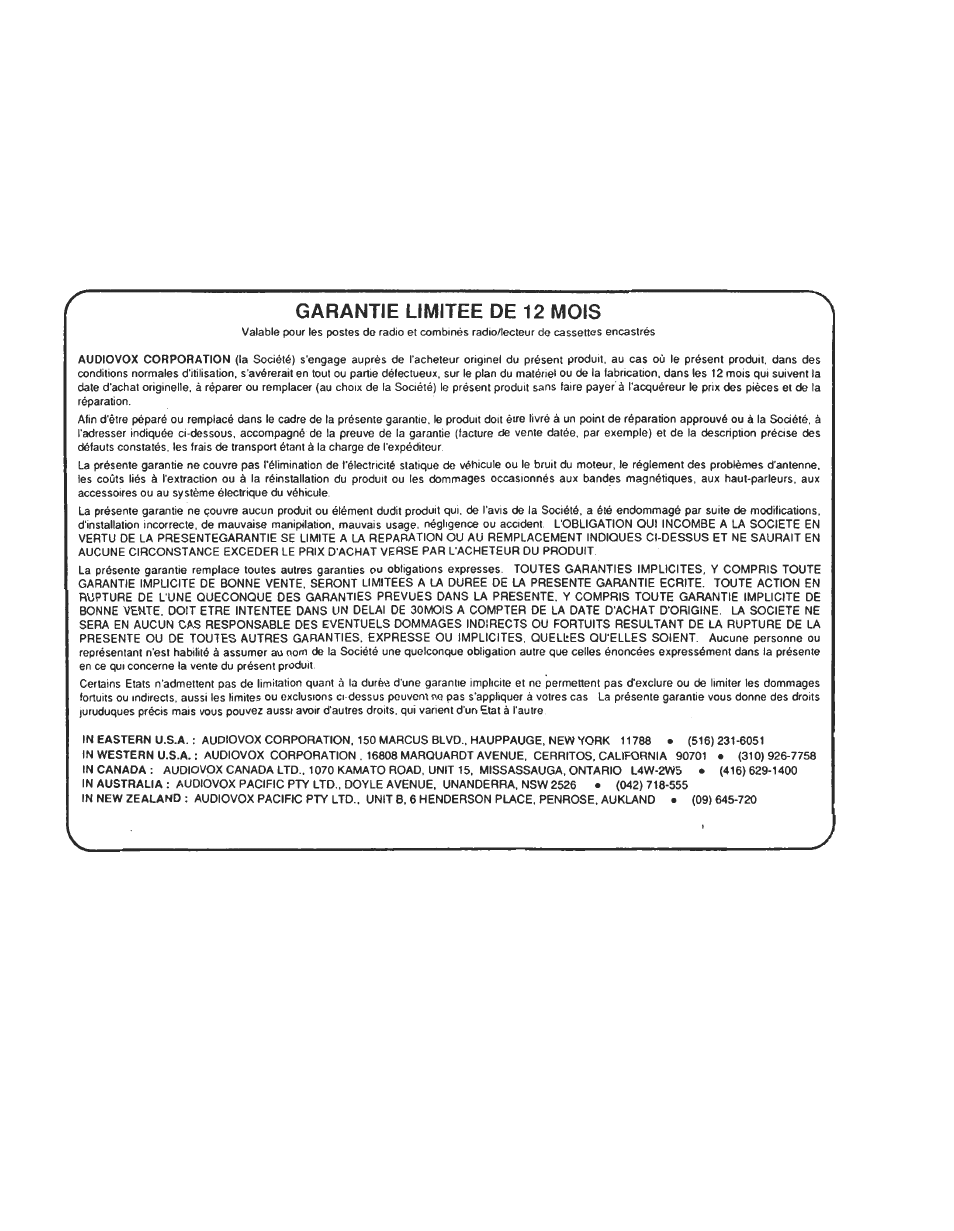 Garantie limitee de 12 mois | Audiovox Cassette Player User Manual | Page 9 / 11