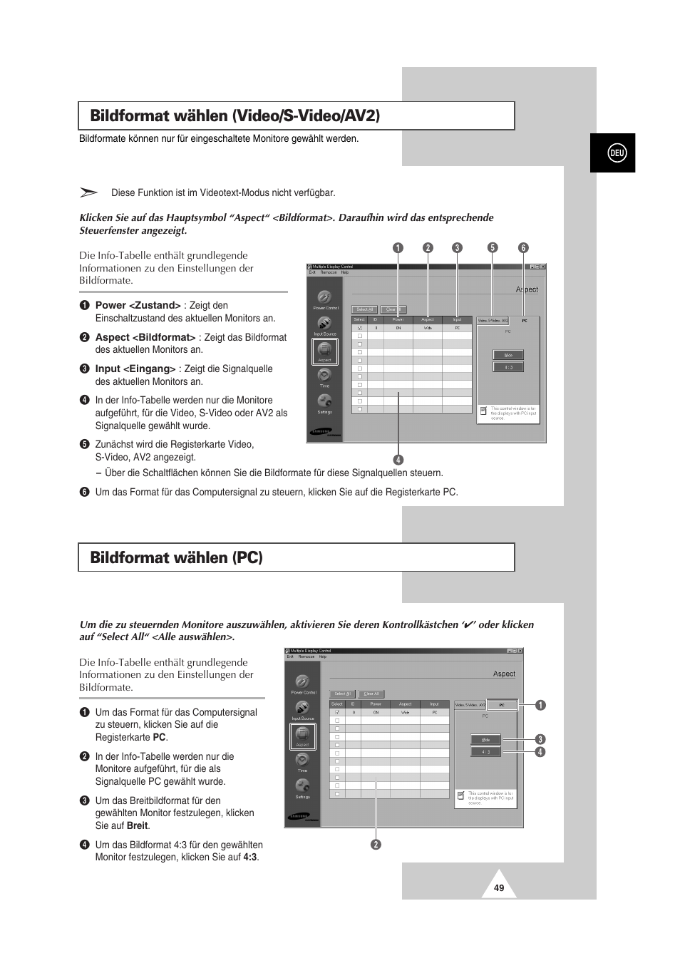 Bildformat wählen (video/s-video/av2), Bildformat wählen (pc) | Samsung PS-50P2HT User Manual | Page 105 / 337