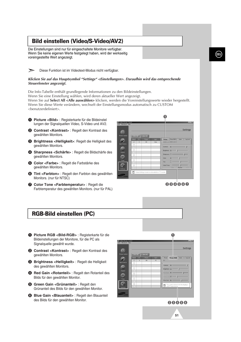 Bild einstellen (video/s-video/av2), Rgb-bild einstellen (pc) | Samsung PS-50P2HT User Manual | Page 107 / 337