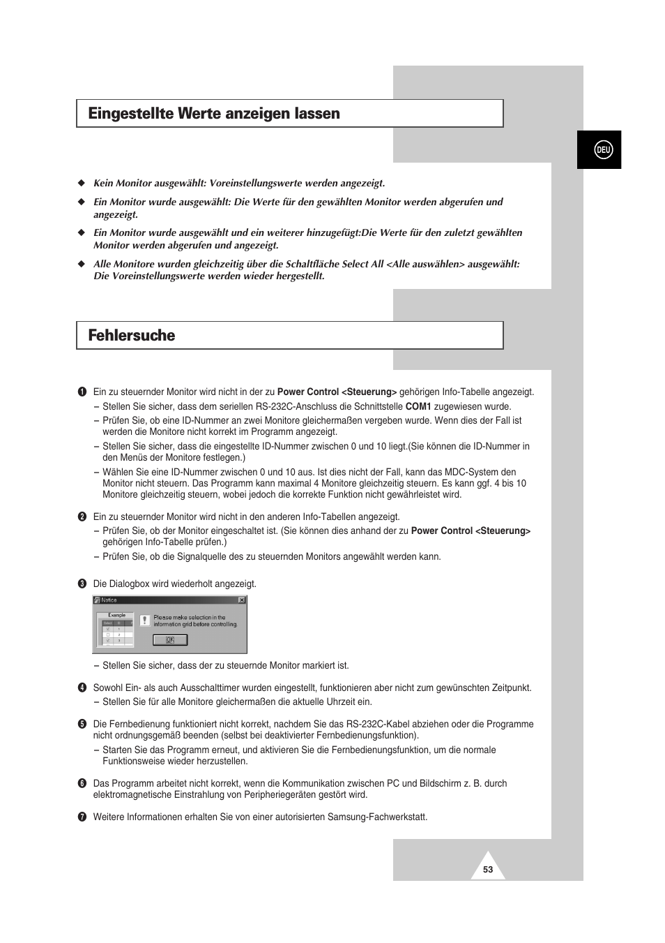 Eingestellte werte anzeigen lassen, Fehlersuche | Samsung PS-50P2HT User Manual | Page 109 / 337