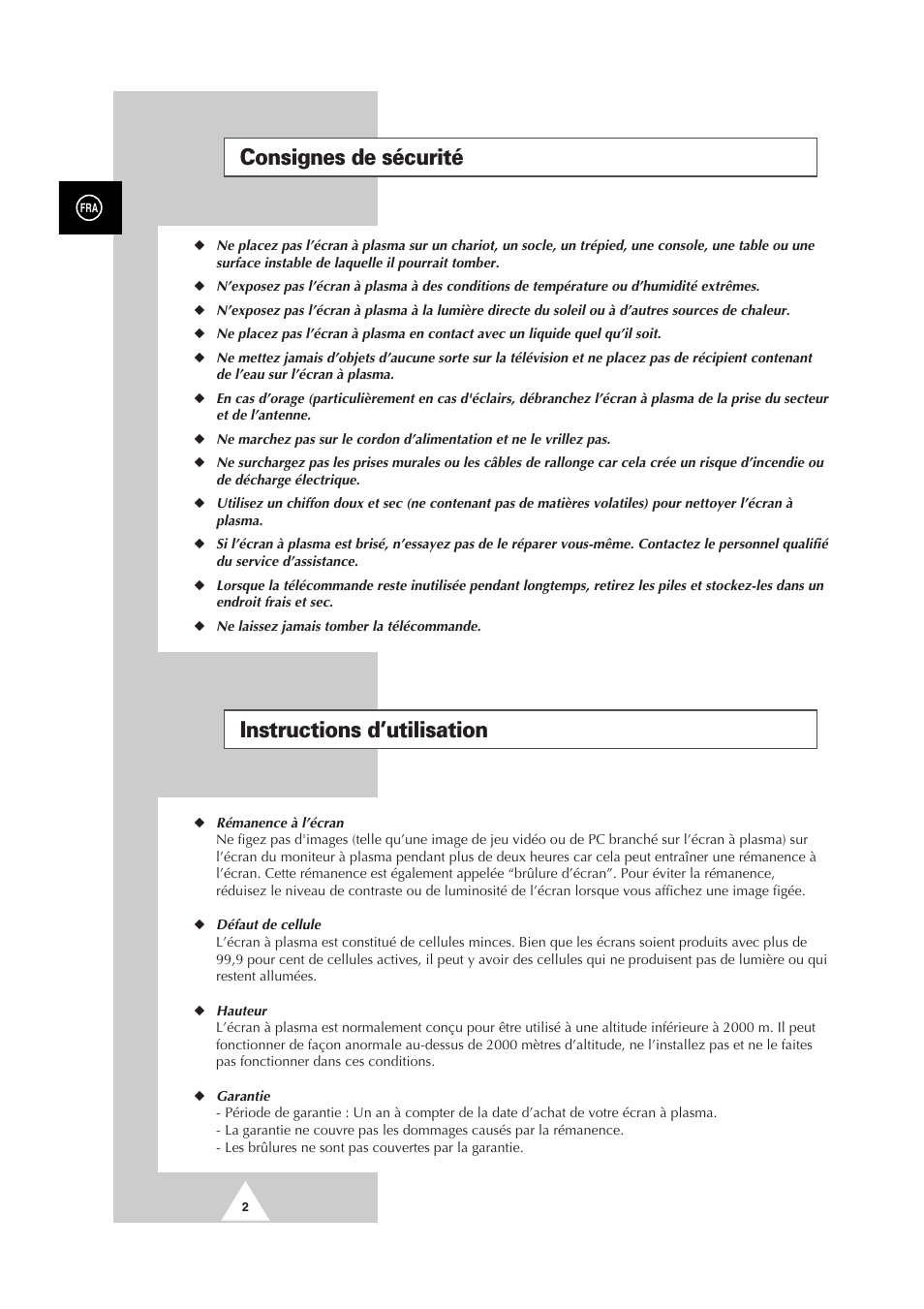 Consignes de sécurité, Instructions d’utilisation | Samsung PS-50P2HT User Manual | Page 114 / 337