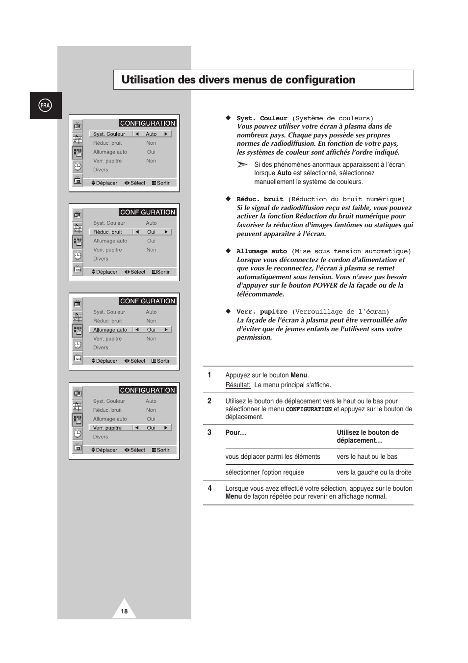 Utilisation des divers menus de configuration | Samsung PS-50P2HT User Manual | Page 130 / 337