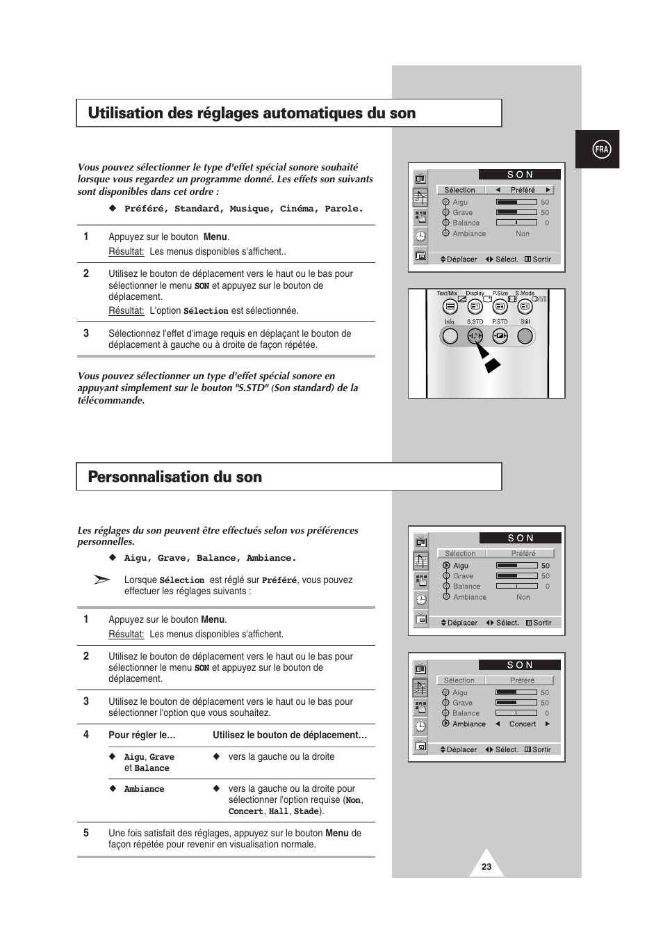 Personnalisation du son, Utilisation des réglages automatiques du son | Samsung PS-50P2HT User Manual | Page 135 / 337