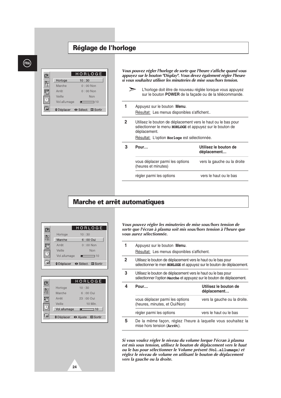 Marche et arrêt automatiques, Réglage de l'horloge | Samsung PS-50P2HT User Manual | Page 136 / 337