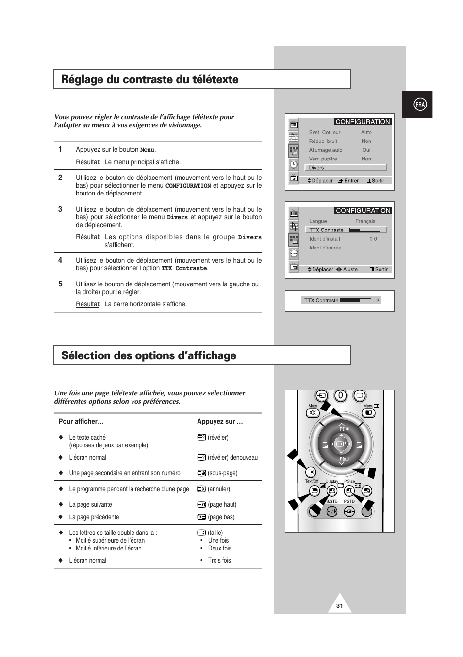 Sélection des options d’affichage, Réglage du contraste du télétexte | Samsung PS-50P2HT User Manual | Page 143 / 337