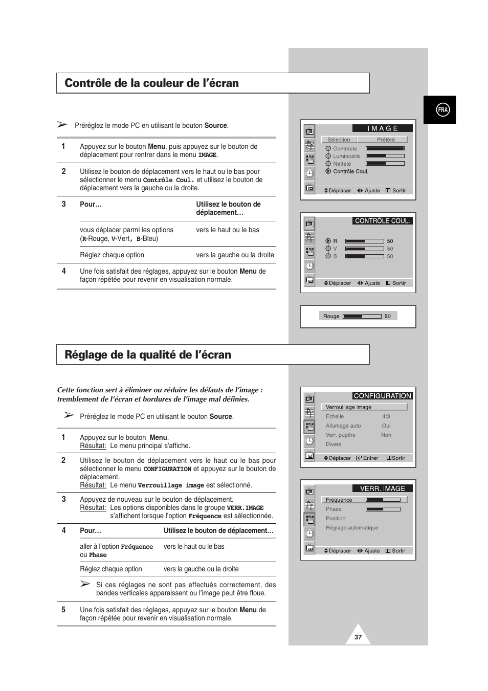 Contrôle de la couleur de l’écran, Réglage de la qualité de l’écran | Samsung PS-50P2HT User Manual | Page 149 / 337