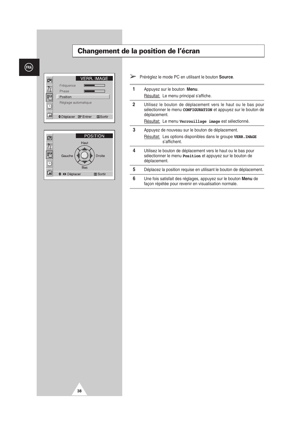 Changement de la position de l’écran | Samsung PS-50P2HT User Manual | Page 150 / 337