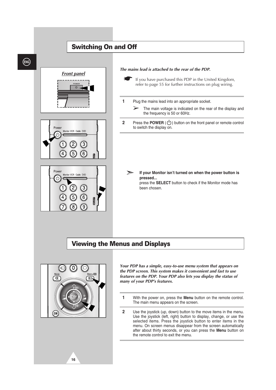 Switching on and off, Viewing the menus and displays | Samsung PS-50P2HT User Manual | Page 16 / 337
