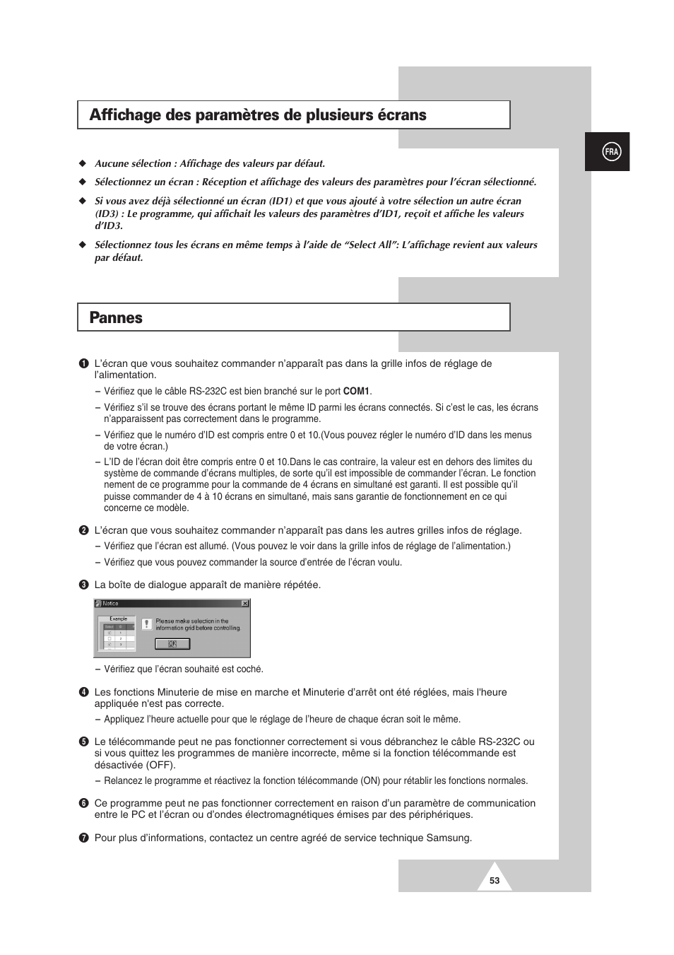 Affichage des paramètres de plusieurs écrans, Pannes | Samsung PS-50P2HT User Manual | Page 165 / 337