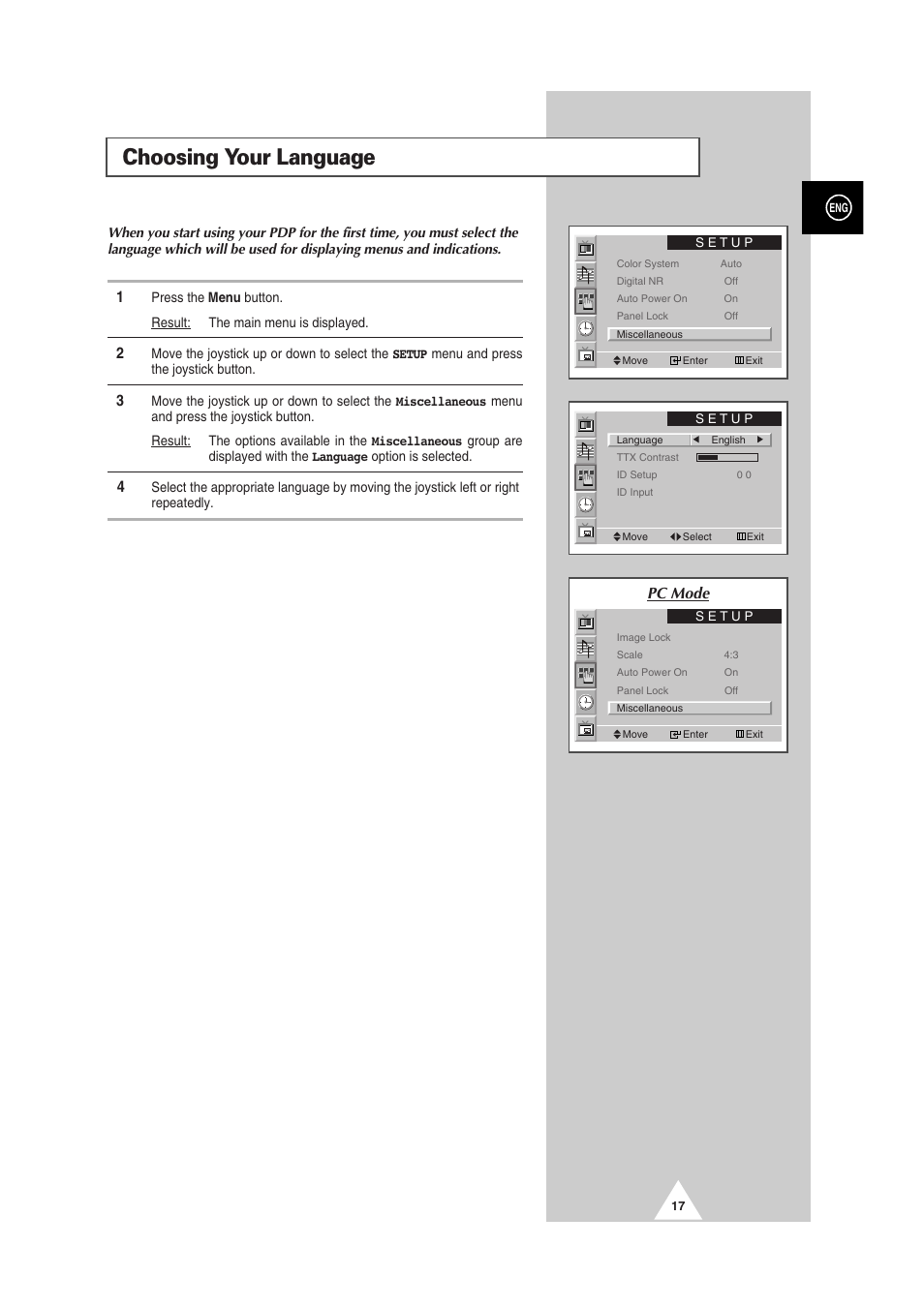 Choosing your language, Pc mode | Samsung PS-50P2HT User Manual | Page 17 / 337