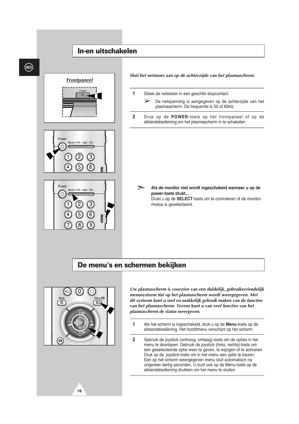 In-en uitschakelen, De menu's en schermen bekijken | Samsung PS-50P2HT User Manual | Page 184 / 337