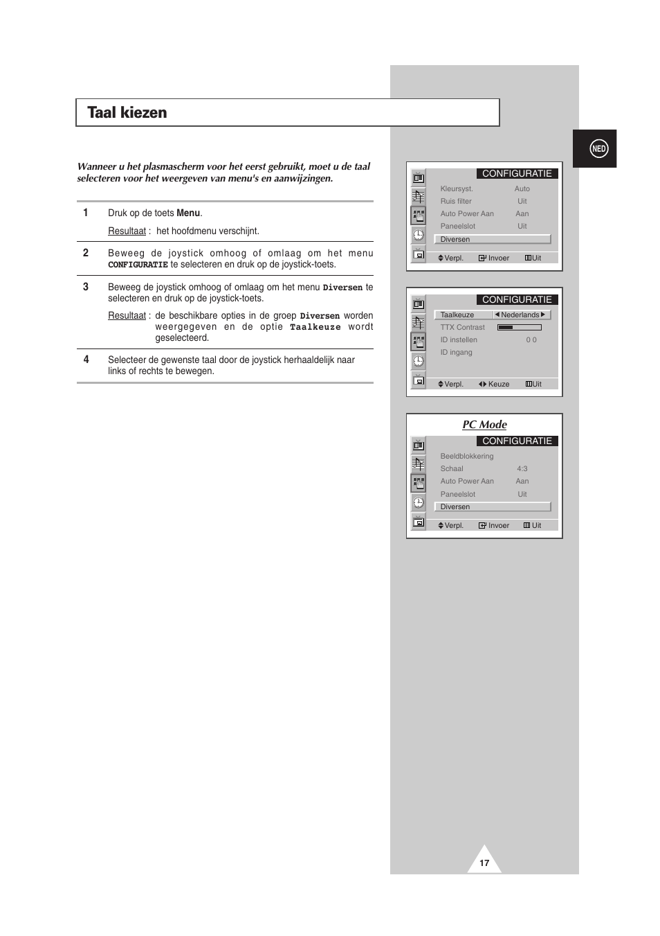 Taal kiezen, Pc mode | Samsung PS-50P2HT User Manual | Page 185 / 337