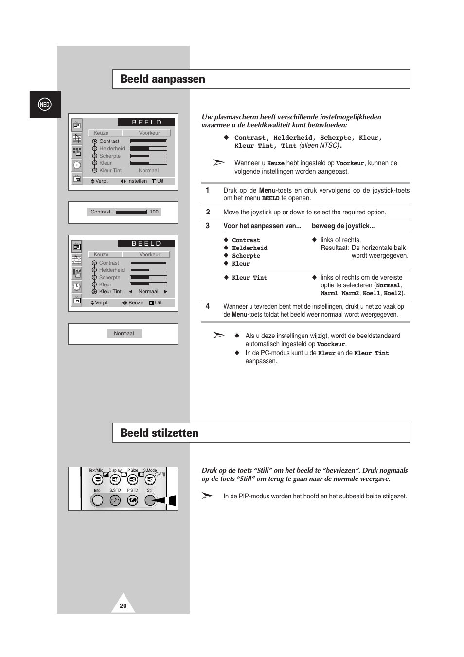 Beeld aanpassen, Beeld stilzetten | Samsung PS-50P2HT User Manual | Page 188 / 337