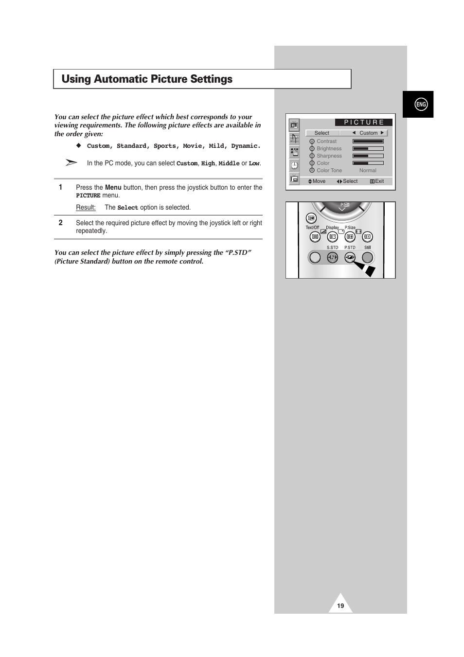 Using automatic picture settings | Samsung PS-50P2HT User Manual | Page 19 / 337