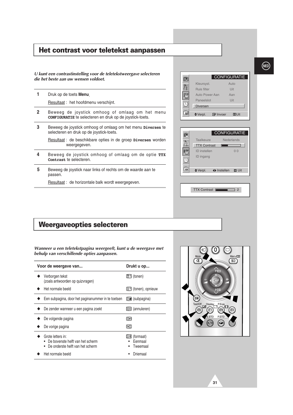 Weergaveopties selecteren, Het contrast voor teletekst aanpassen | Samsung PS-50P2HT User Manual | Page 199 / 337